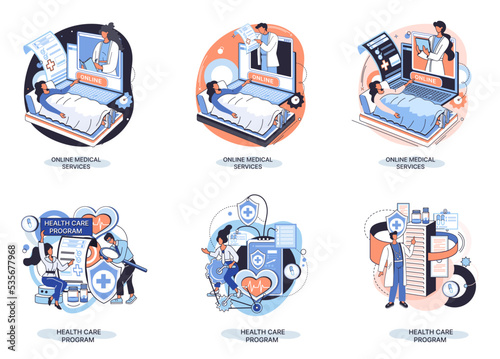 Health care program metaphor, online medical services, protection medicine. Medical insurance, hospital services, preventive check up, sick leave certificate treatment diagnosis patients, telemedicine