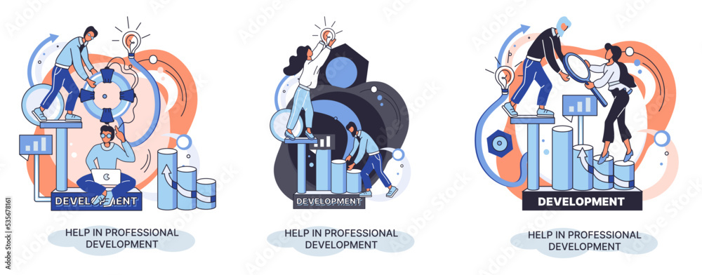 Help in professional development metaphor. Qualified employee training program. Refresher course. Human resource management organization. Business education workshop. School personality growth in team