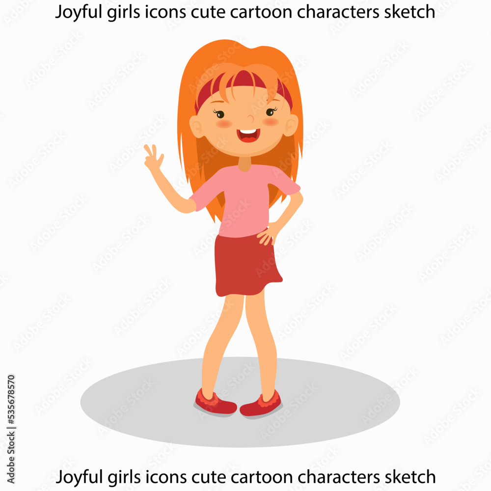 Joyful girls icons cute cartoon characters sketch Joyful girls icons cute cartoon characters sketch