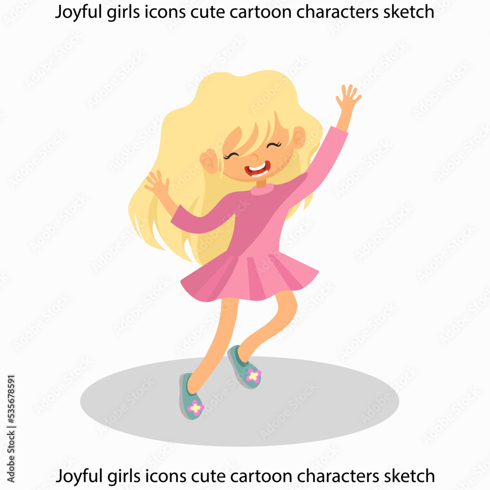 Joyful girls icons cute cartoon characters sketch Joyful girls icons cute cartoon characters sketch