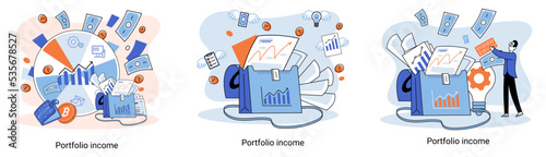 Investment portfolio income dollars currency, buy sell trading, market exchange value metaphor, businessman investor or trader balance portfolio with coins. Financiers analyzing stock market profit