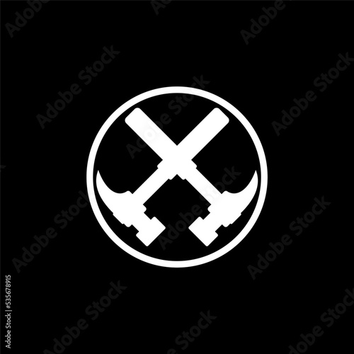 Double hammer logo template with geometric japanese kamon illustration in flat design monogram symbol