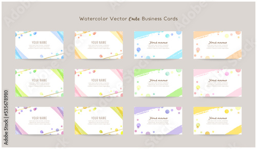 business cards templates with colorful watercolor bubbles, gold lines