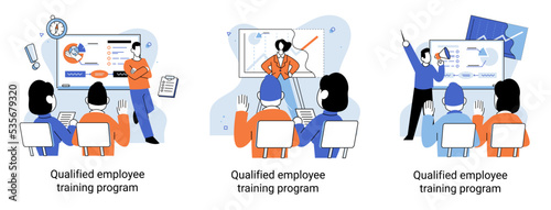 Qualified employee training program. Refresher course metaphor. Help in professional development. Learning for software development and growth. Agile project management team project life scrum meeting