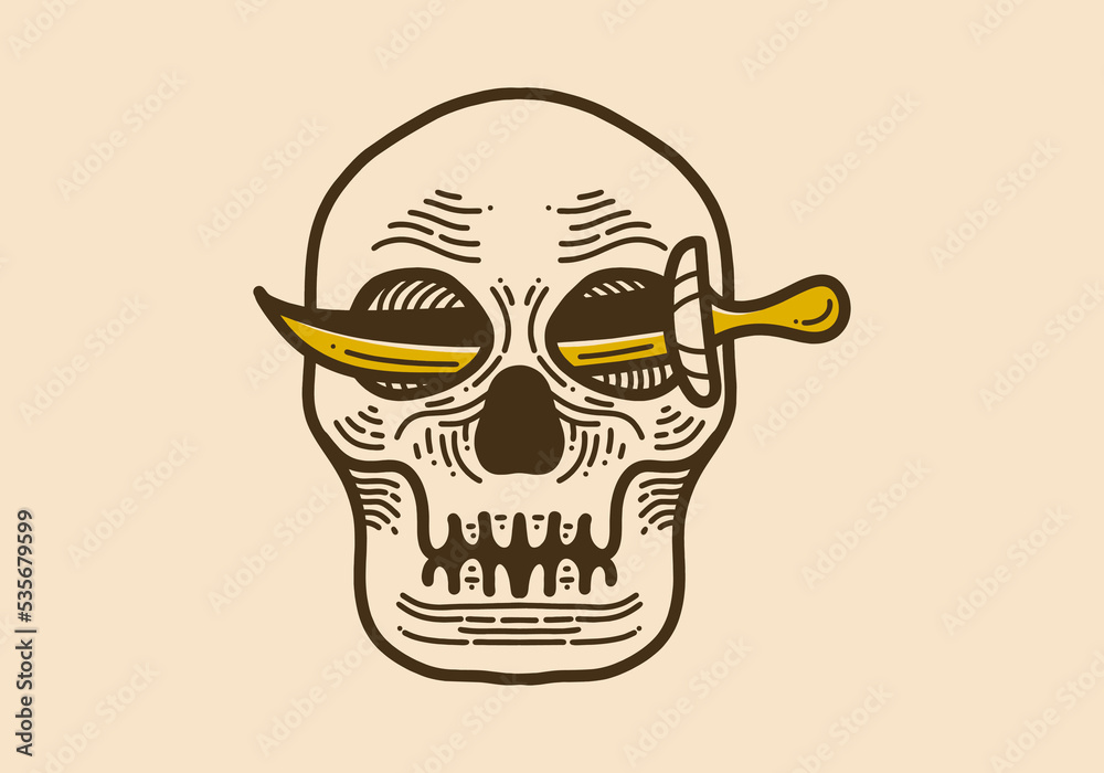 Vintage style illustration of a skull with a sword between two eyes