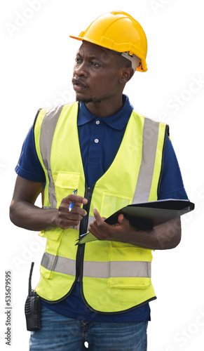 African worker holding document, standing and checking the containers box from cargo ship for export and import
