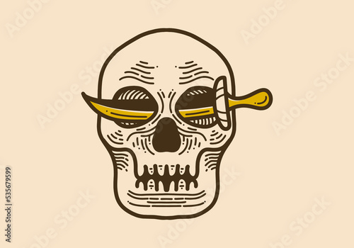 Vintage style illustration of a skull with a sword between two eyes