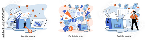 Investment portfolio income dollars currency, buy sell trading, market exchange value metaphor, businessman investor or trader balance portfolio with coins. Financiers analyzing stock market profit