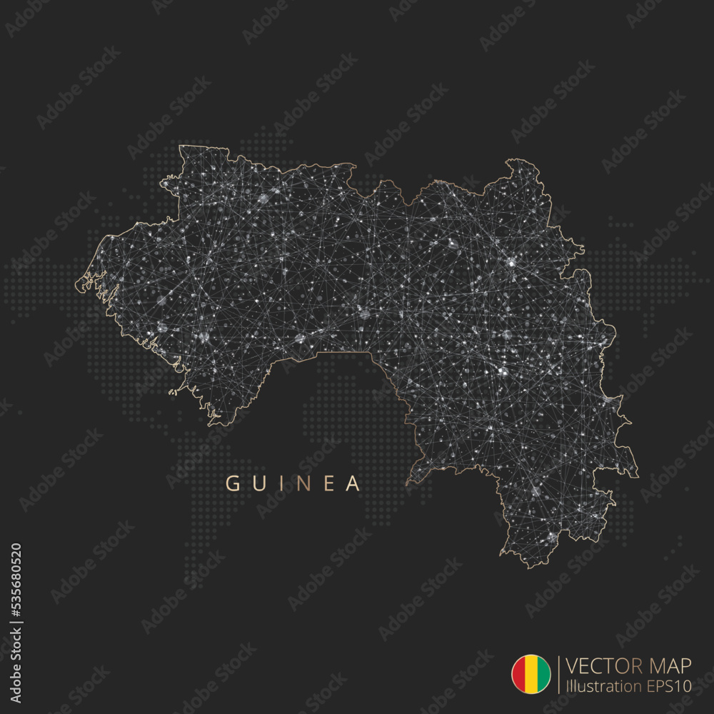 Guinea vector map abstract geometric mesh polygonal light concept with gold and white glowing contour lines countries and dots on dark background.