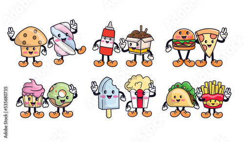 Cute chibi couple food cartoon character doodles. Bundle of best friends vector Illustrations