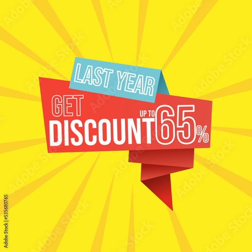 Discount last year up to 65 percent red banner with floating ribbon banner for promotions and offers.