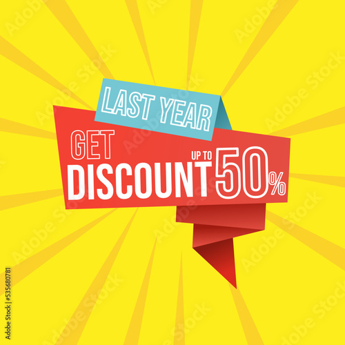 Discount last year up to 50 percent red banner with floating ribbon banner for promotions and offers.