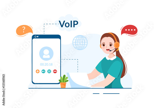 VOIP or Voice Over Internet Protocol with Telephony Scheme Technology and Network Phone Call Software in Template Hand Drawn Cartoon Flat Illustration