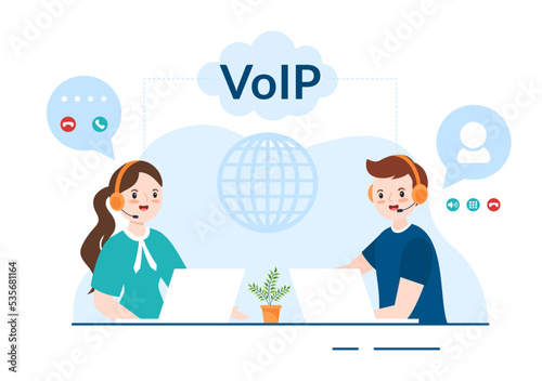 VOIP or Voice Over Internet Protocol with Telephony Scheme Technology and Network Phone Call Software in Template Hand Drawn Cartoon Flat Illustration