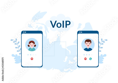 VOIP or Voice Over Internet Protocol with Telephony Scheme Technology and Network Phone Call Software in Template Hand Drawn Cartoon Flat Illustration