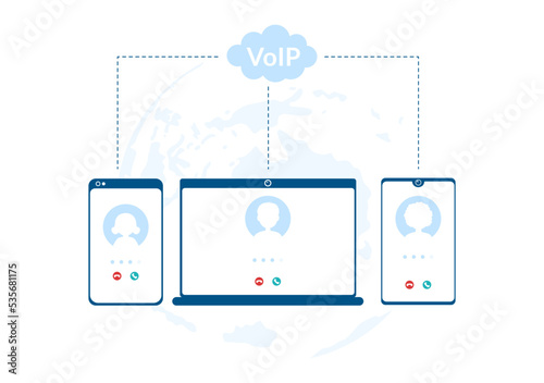 VOIP or Voice Over Internet Protocol with Telephony Scheme Technology and Network Phone Call Software in Template Hand Drawn Cartoon Flat Illustration