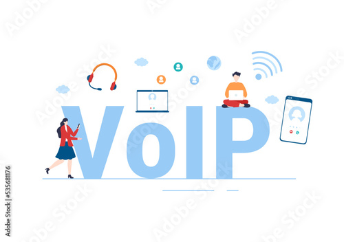 VOIP or Voice Over Internet Protocol with Telephony Scheme Technology and Network Phone Call Software in Template Hand Drawn Cartoon Flat Illustration