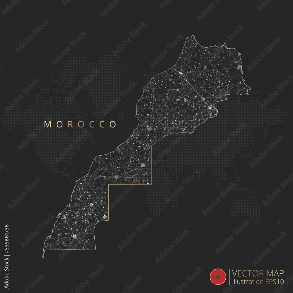 Morocco vector map abstract geometric mesh polygonal light concept with gold and white glowing contour lines countries and dots on dark background.