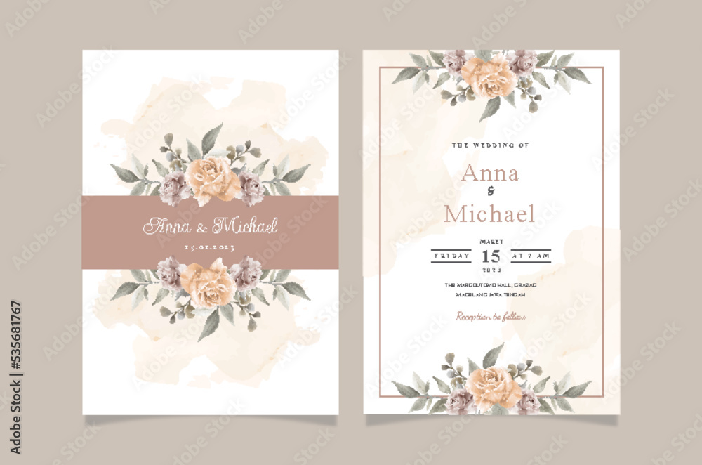 Set of card with brown flower rose and leaves. Wedding ornament concept. Floral poster invitation. Vector decorative greeting card or invitation design background