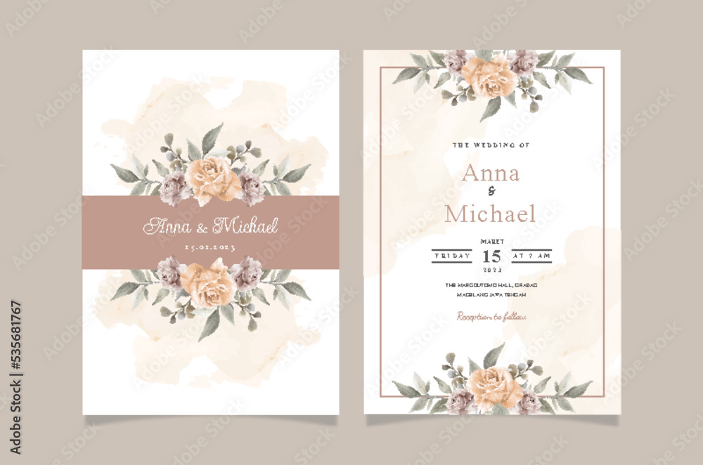 Set of card with brown flower rose and leaves. Wedding ornament concept. Floral poster invitation. Vector decorative greeting card or invitation design background Set of card with brown flower rose and leaves. Wedding ornament concept. Floral poster invitation. Vector decorative greeting card or invitation design background