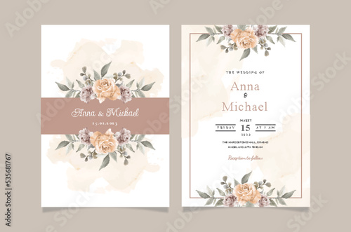 Set of card with brown flower rose and leaves. Wedding ornament concept. Floral poster invitation. Vector decorative greeting card or invitation design background