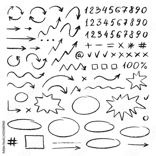 Set of handwritten numbers, signs and  arrows. Vector elements for infographic. Black objects on white background