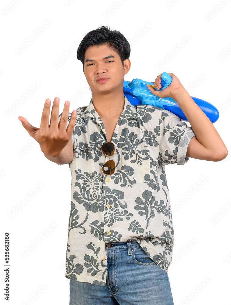 Portrait young man with water bowl in Songkran Festival Portrait young man with water bowl in Songkran Festival