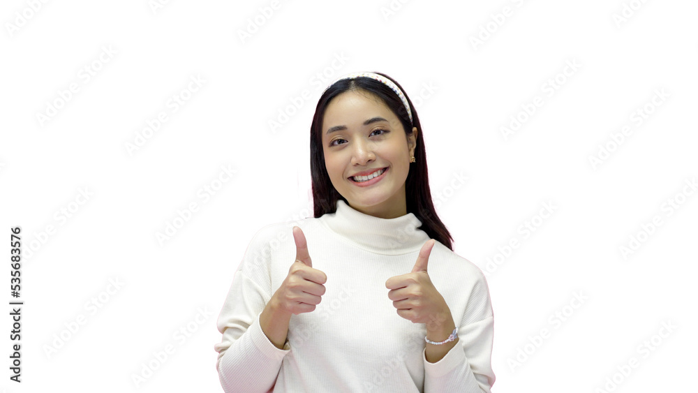 Asian woman smiling and giving thumbs up with joy and excitement. Asian woman smiling and giving thumbs up with joy and excitement.