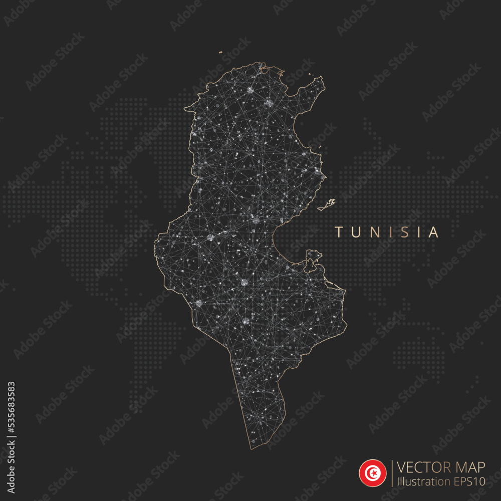 Tunisia vector map abstract geometric mesh polygonal light concept with gold and white glowing contour lines countries and dots on dark background.