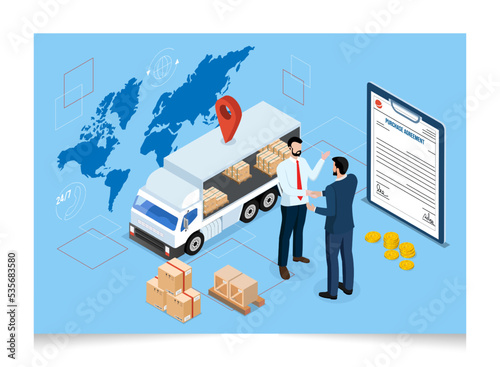 3D isometric Export and Import Business concept with Businessmen handshake and deal business in front of a contract document at industrial container terminal. Vector illustration eps10
