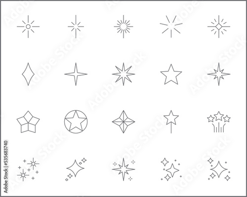 Simple Set of sparkle Related Vector Line Icons.
Vector collection of star and glittering symbols or logo elements in thin outline.
