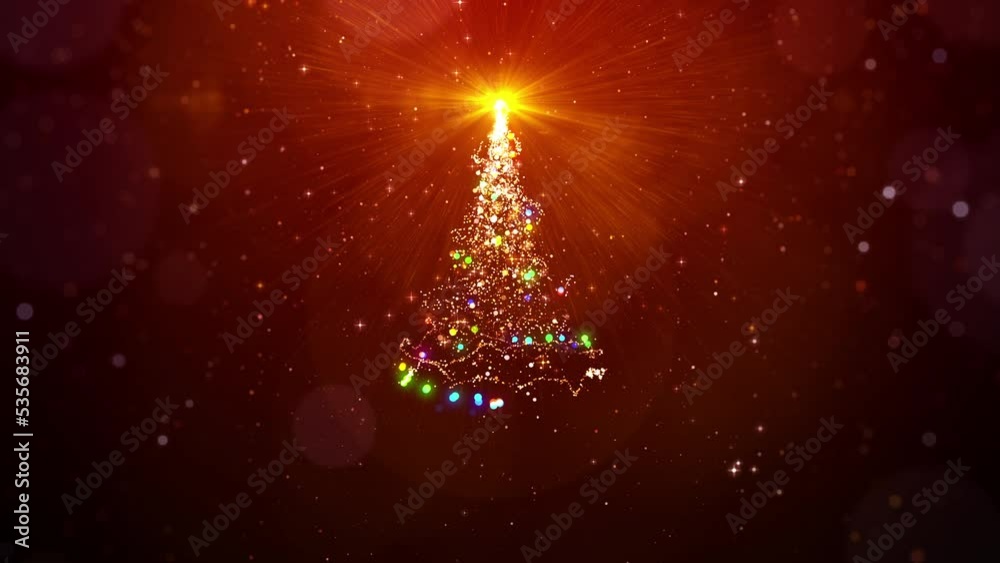 Gold christmas tree with magic lights, particles and star on red background looped.