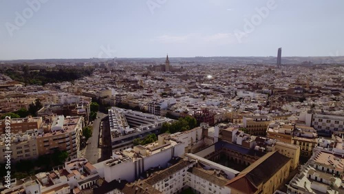 Aerial view of Seville city, Spain. Cinematic 4K