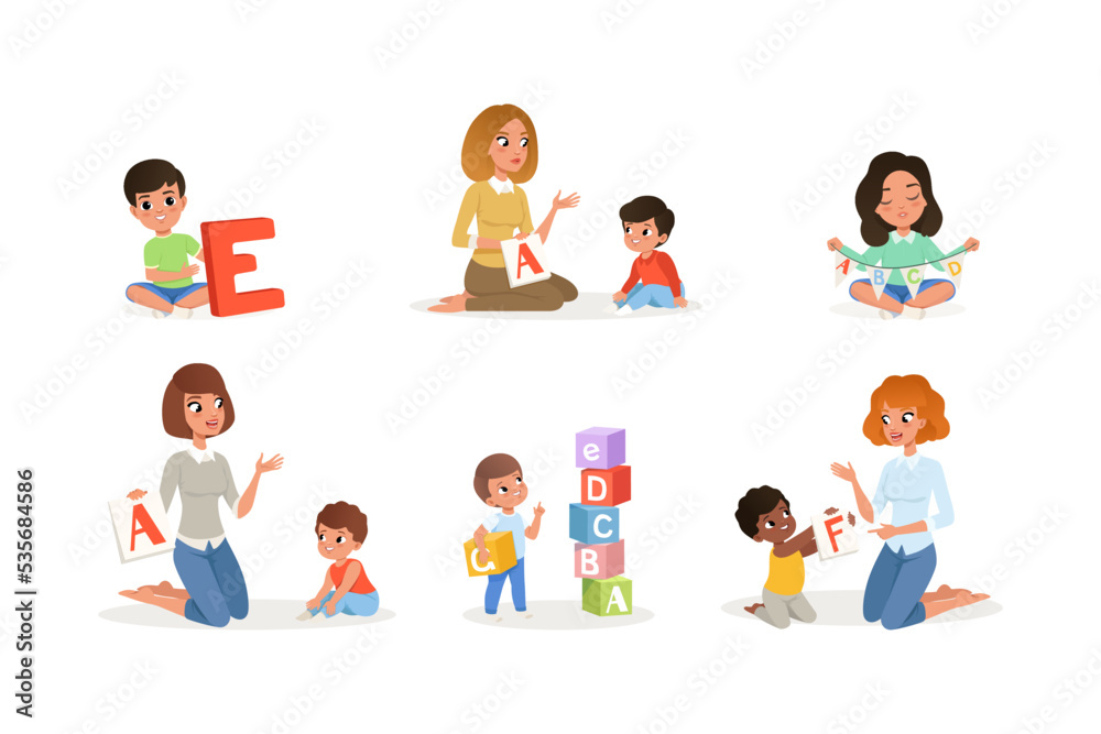 Children learning alphabet set. Preschool kids and teacher sitting on the floor, children doing speech therapy with therapist cartoon vector illustration