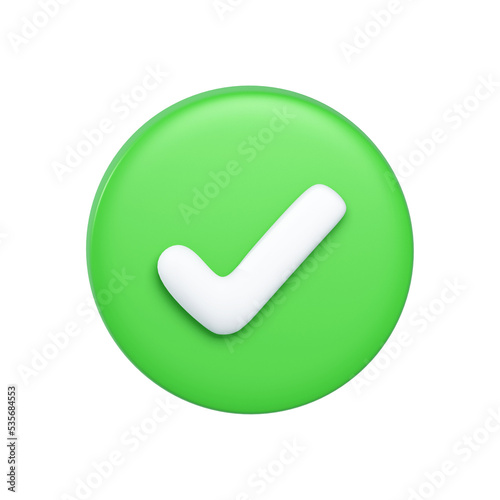 3d Rendering of correct icon on green circle isolated on white.