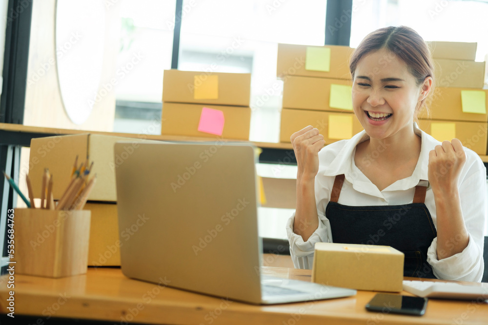 Female online business owner happy and celebrating after recieving online order. Female online business owner happy and celebrating after recieving online order.