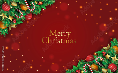 Merry christmas background red with realistic christmas elements