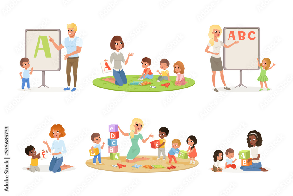 Preschool kids learning alphabet set cartoon vector illustration