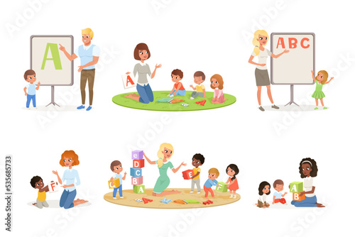 Preschool kids learning alphabet set cartoon vector illustration