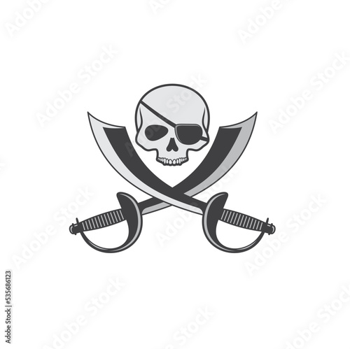 illustration of pirate sword and skull, vector art.