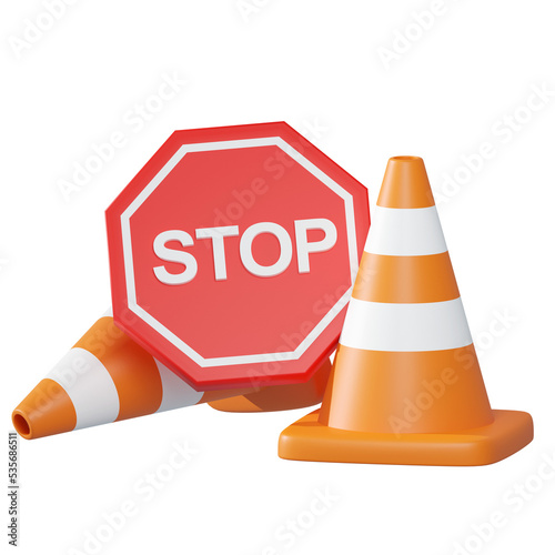 3d object Rendering of traffic sign. Stop under construction , traffic cone.