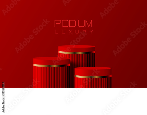 Abstract red gold podium empty room 3d shape design for product display presentation studio concept minimal wall scene vector