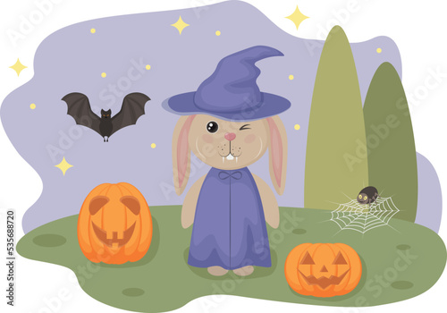 Halloween. The image of a rabbit in a witch s hat surrounded by pumpkins and a bat with a spider, against the background of the starry sky. Vector illustration