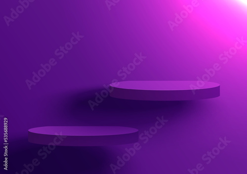 Purple two steps platform decorated with lighting on purple wall background. Pedestal scene with for product, advertising, show. The semicircular geometric base for your graphic. Vector illustration.
