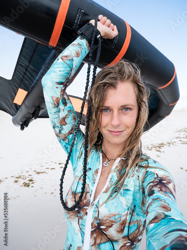 Photography Caucasian attractive young wingfoil surfer woman selfie