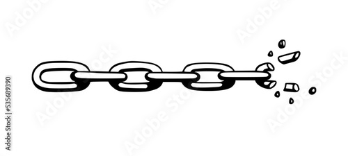 Broken chain with shatters as symbol of strength and freedom. Sketch of metal chains. Vector illustration isolated in white background