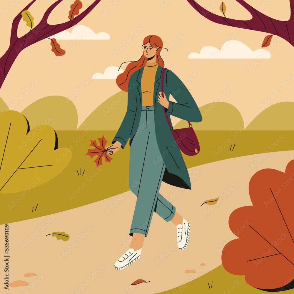 Young woman walks through an autumn park. Leaves are falling, warm weather. Flat vector illustration. Young woman walks through an autumn park. Leaves are falling, warm weather. Flat vector illustration.