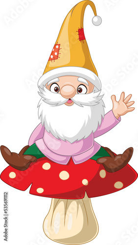 Cartoon happy gnomes sitting on mushroom
