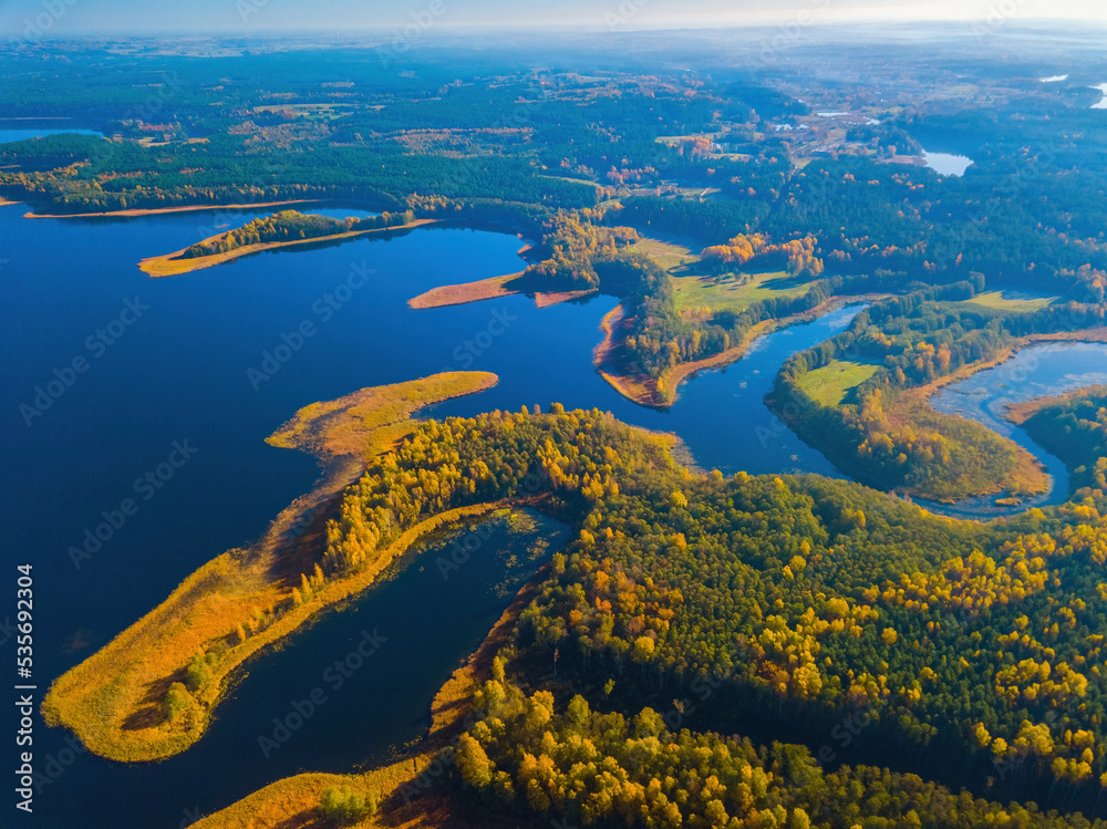Aerial autumn view of Dringis lake in Lithuania