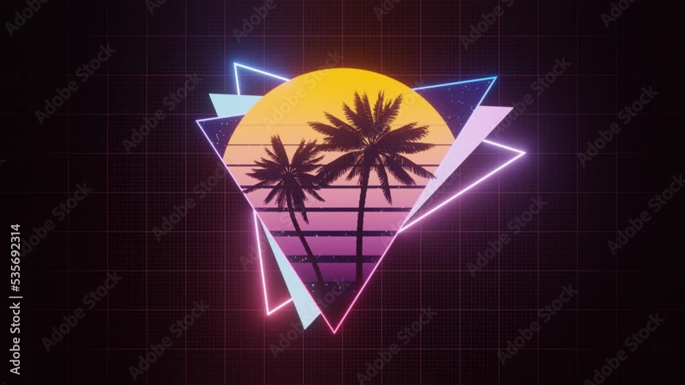 Synthwave, vaporwave, retrowave seamless vj loop animation. 80s retro sunset with palm trees silhouette.